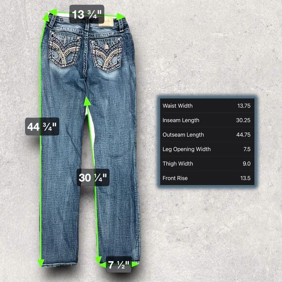 โ
Miss Me Signature Taylored Boot Cut Rhinestone - Studded Design Denim Jeans โ
- Picture 5 of 8